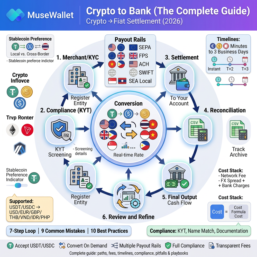 Crypto to Bank: The Complete Guide to MuseWallet Crypto→Fiat Settlement (2026)